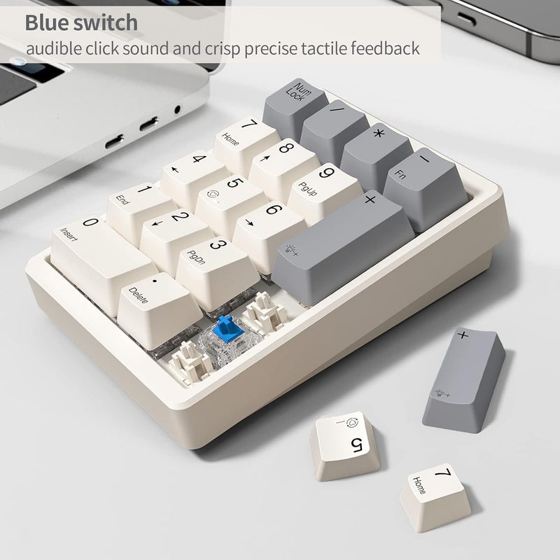Kisnt Mechanical Number Pad,Hot Swappable Numpad Wired USB 17 Keys Keypad White Backlit Numeric Keypad with PBT Keycaps for Laptop PC Compact Keyboards(Retro Beige, Blue Switch) - Image 4
